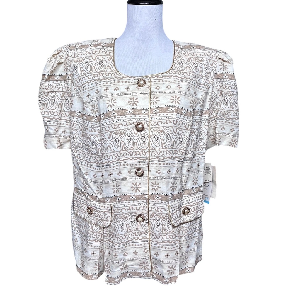 VTG 90s Jessica Howard Woman 16 Short Slv Jacket Taupe NWT Floral Stripe Pearl